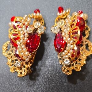 Vintage Rober Gold Tone Clip-On Earrings with Red and Clear Rhinestones